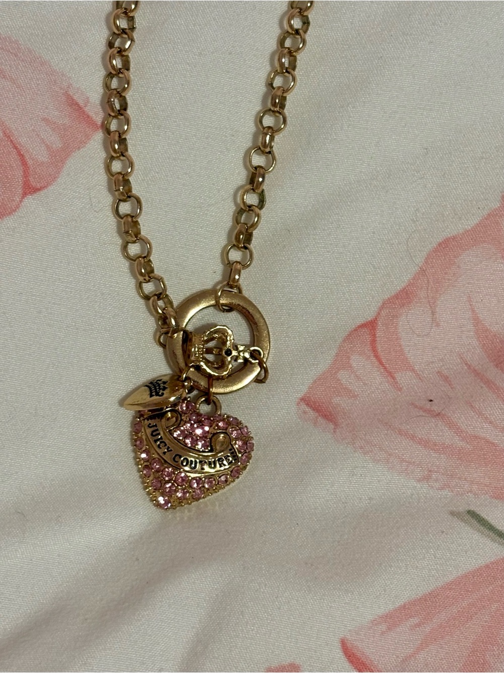 Juicy Couture Gold Tone Necklace with Pink Crystal Heart Charm